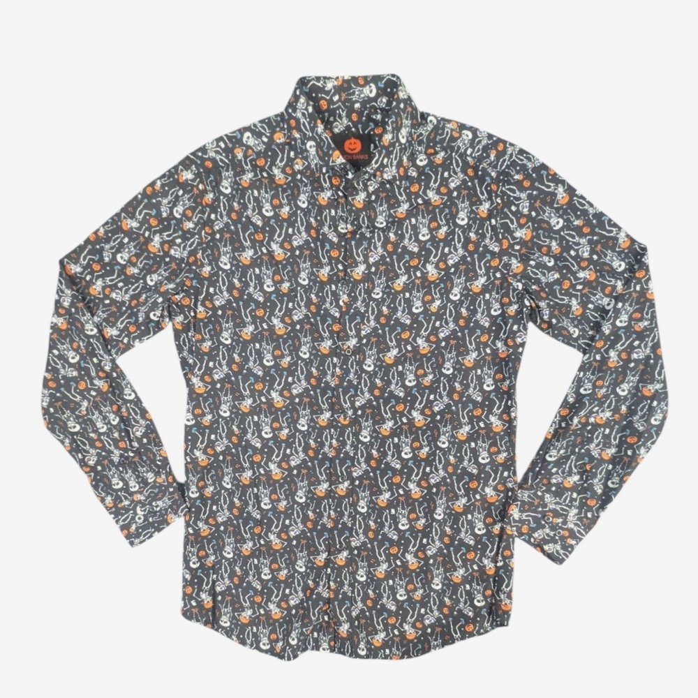 Simon Banks Mens Small Halloween Skeleton Pumpkin Print Button Music Shirt Black